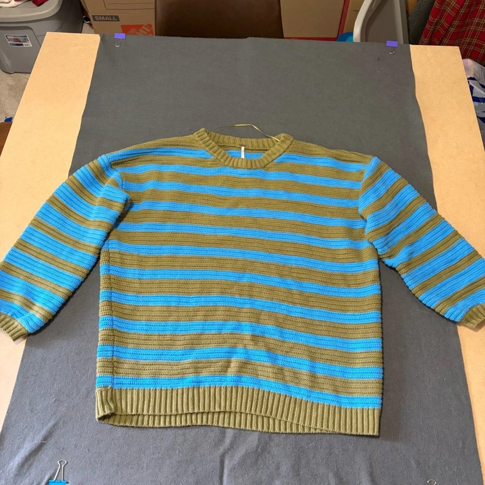 Free People Striped Knit Sweater Womens Size Medium Blue Olive Green